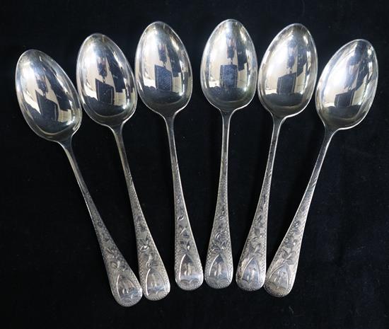 A set of six George V silver bright cut engraved teaspoons, Joseph Gloster Ltd, Birmingham, 1915.